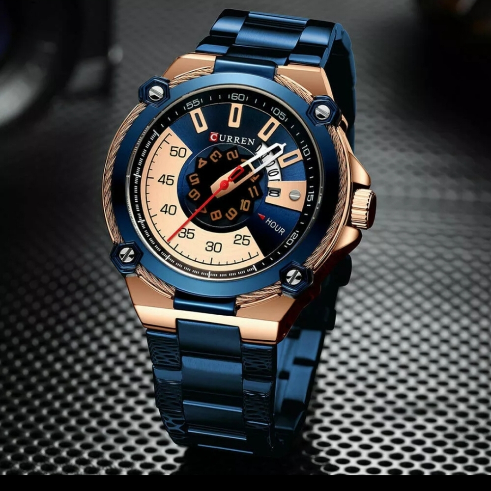 Curren Mens Steel Waterproof Quartz Watch Blue & Bronze NWT